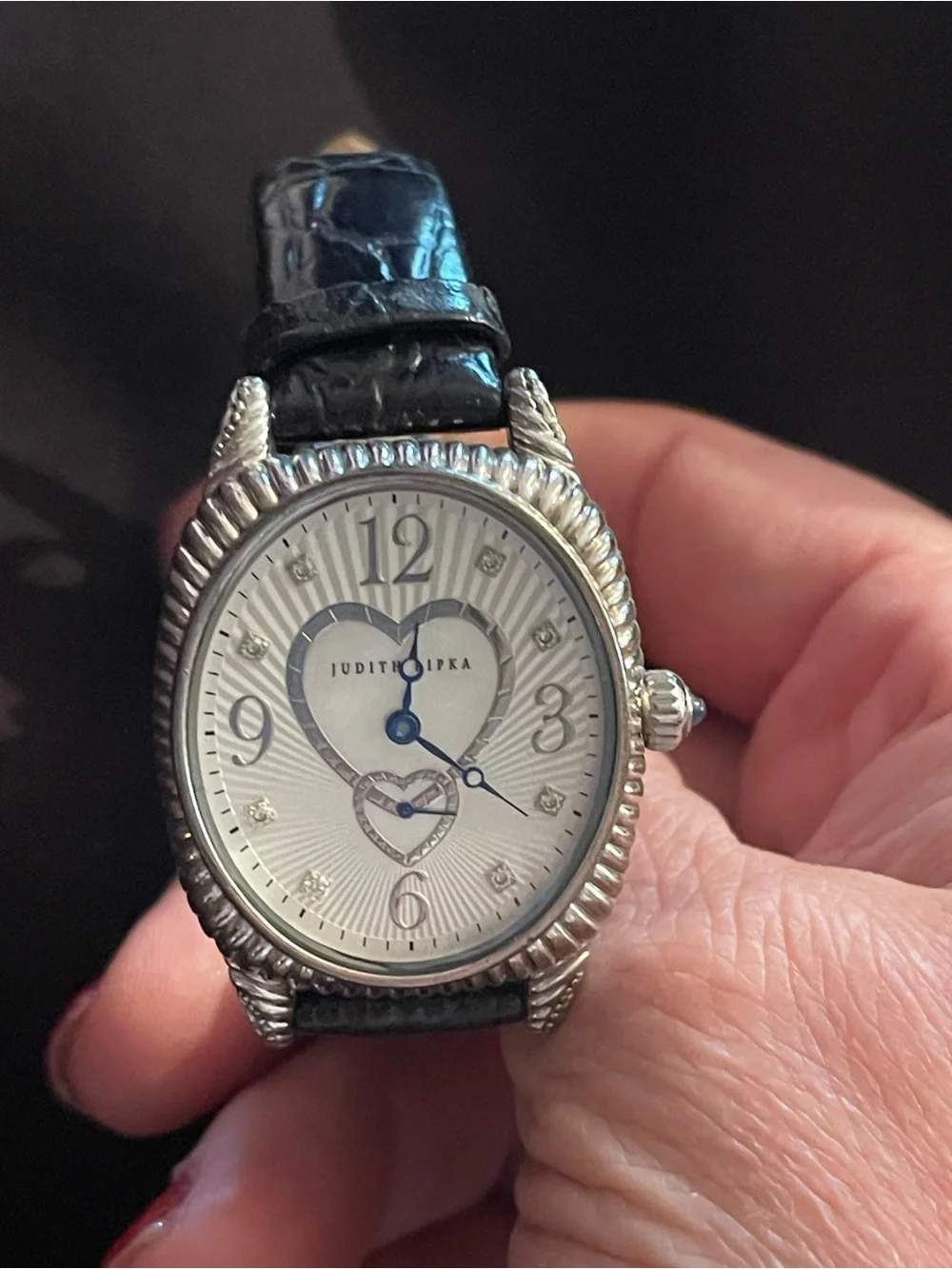 Judith Ripka Silver Heart Dial Watch with Black Leather Strap